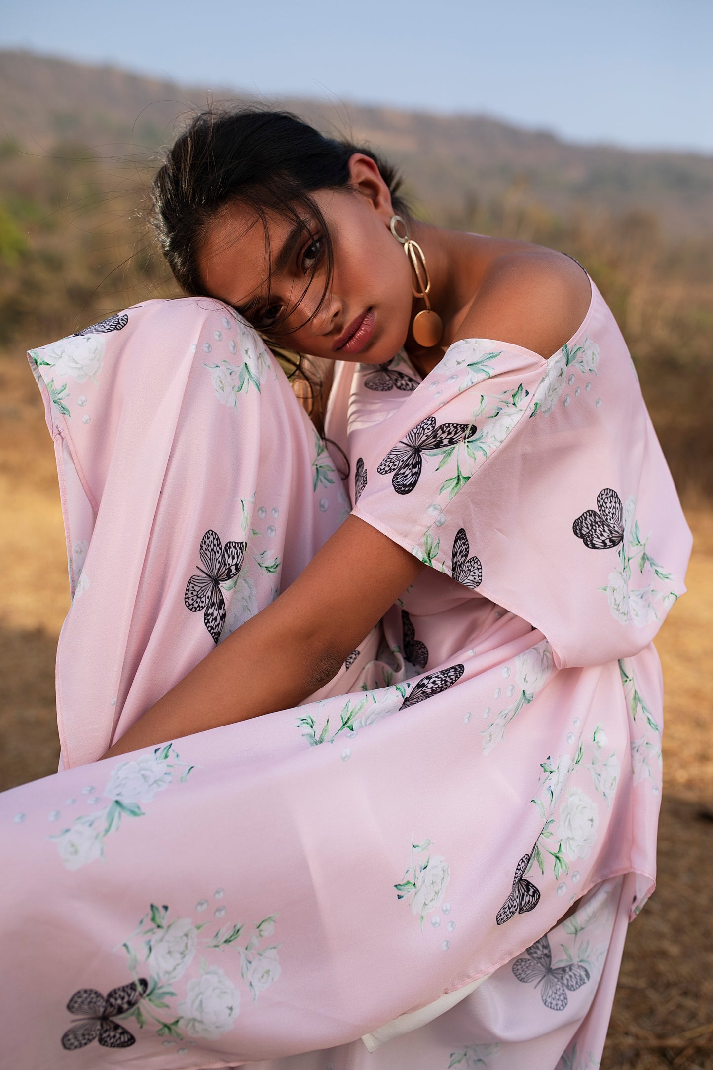 PINK BUTTERFLY PEONY PRANCER DRAPED OFF SHOULDER DRESS