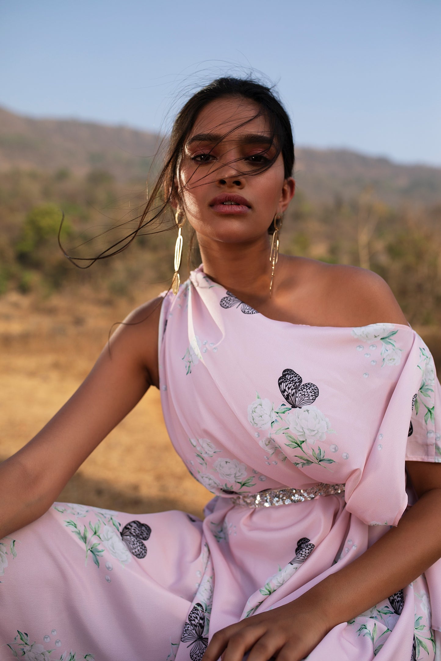 PINK BUTTERFLY PEONY PRANCER DRAPED OFF SHOULDER DRESS