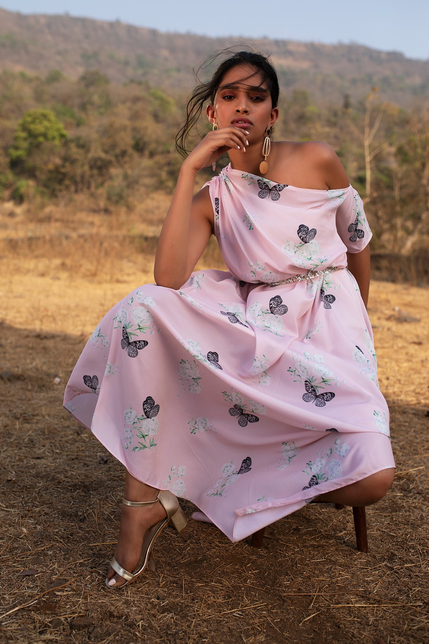 PINK BUTTERFLY PEONY PRANCER DRAPED OFF SHOULDER DRESS