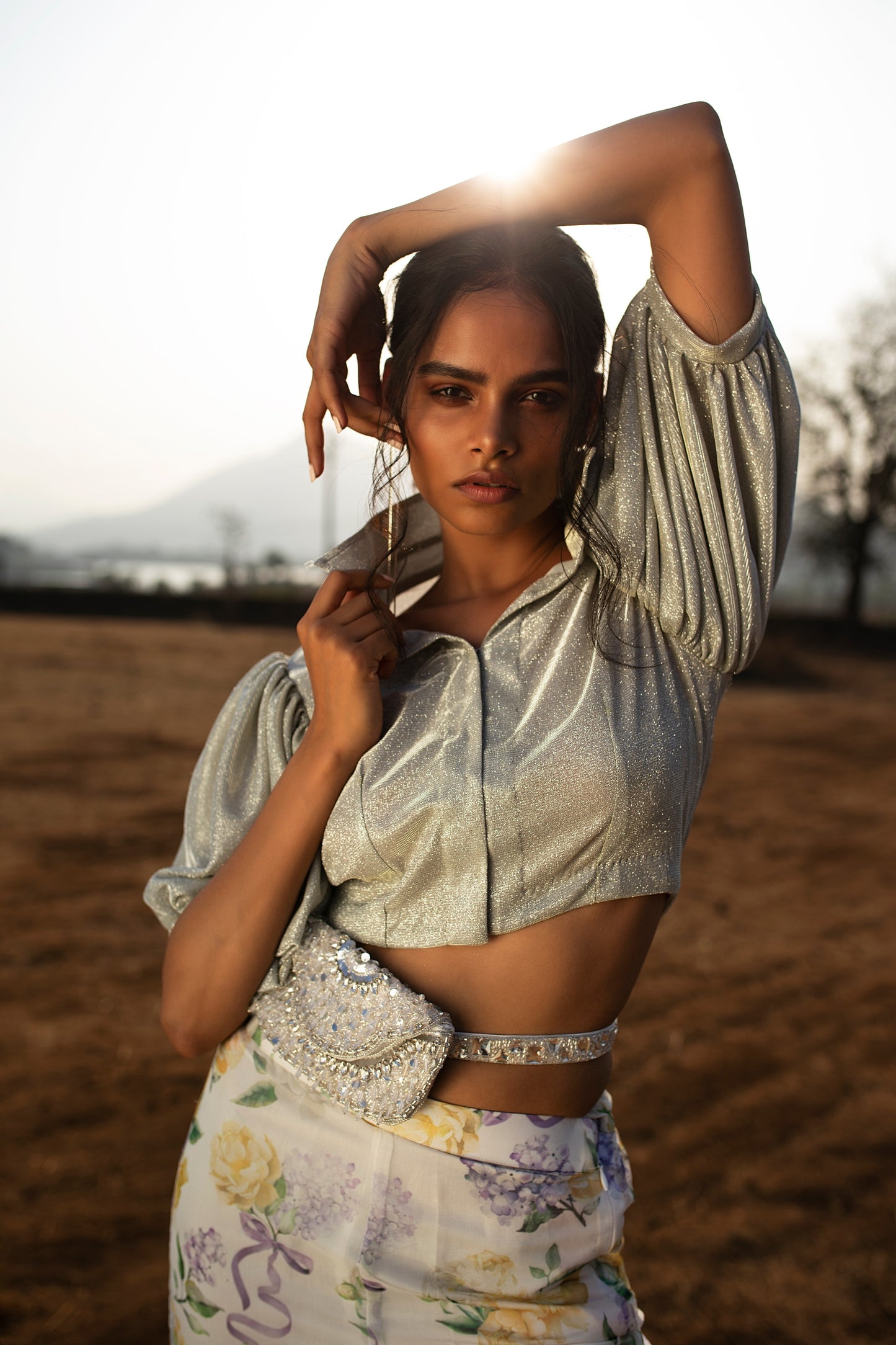 PUFF SLEEVES CROP SILVER SHIMMER SHIRT