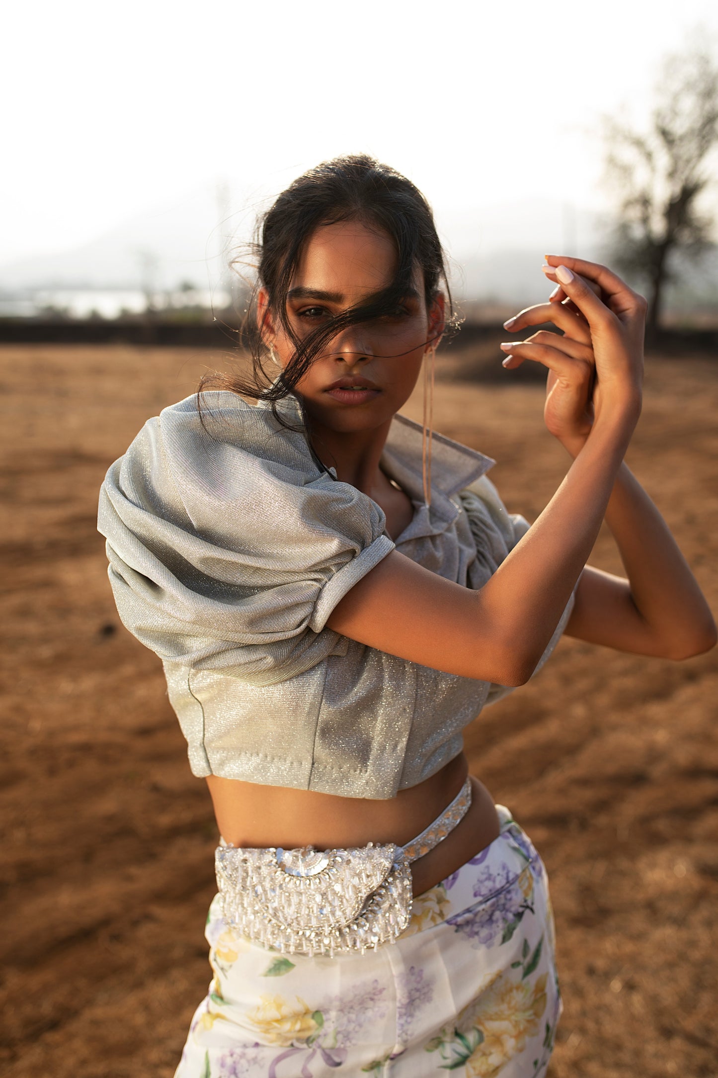 PUFF SLEEVES CROP SILVER SHIMMER SHIRT
