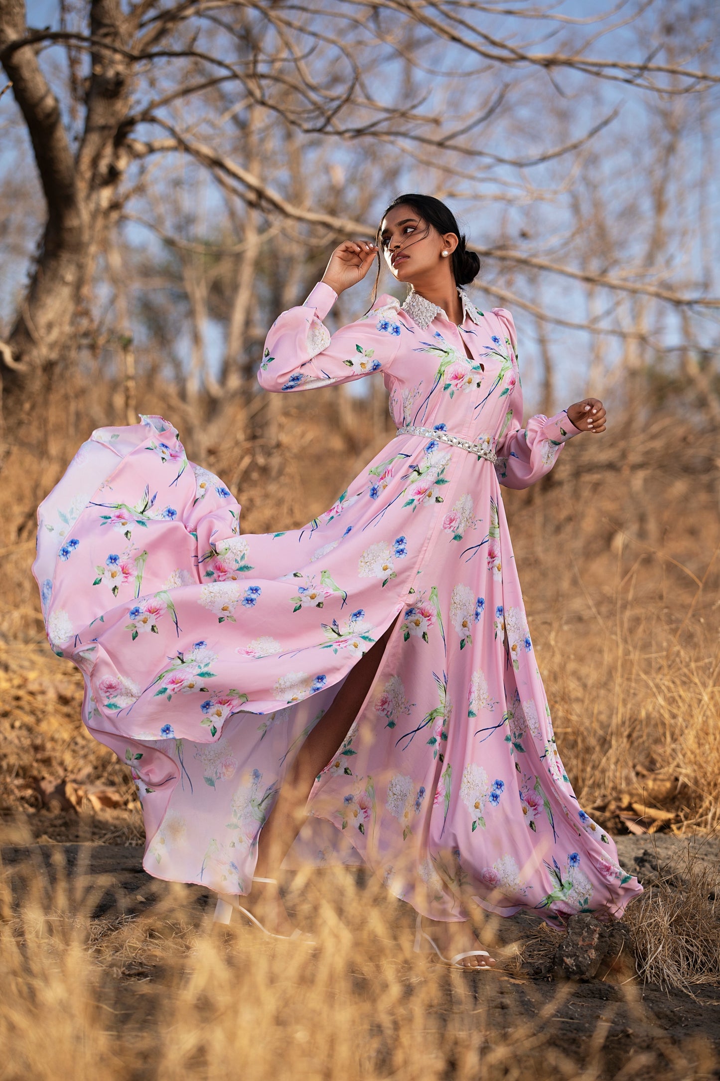Pink Fluttering Florals shirt dress.