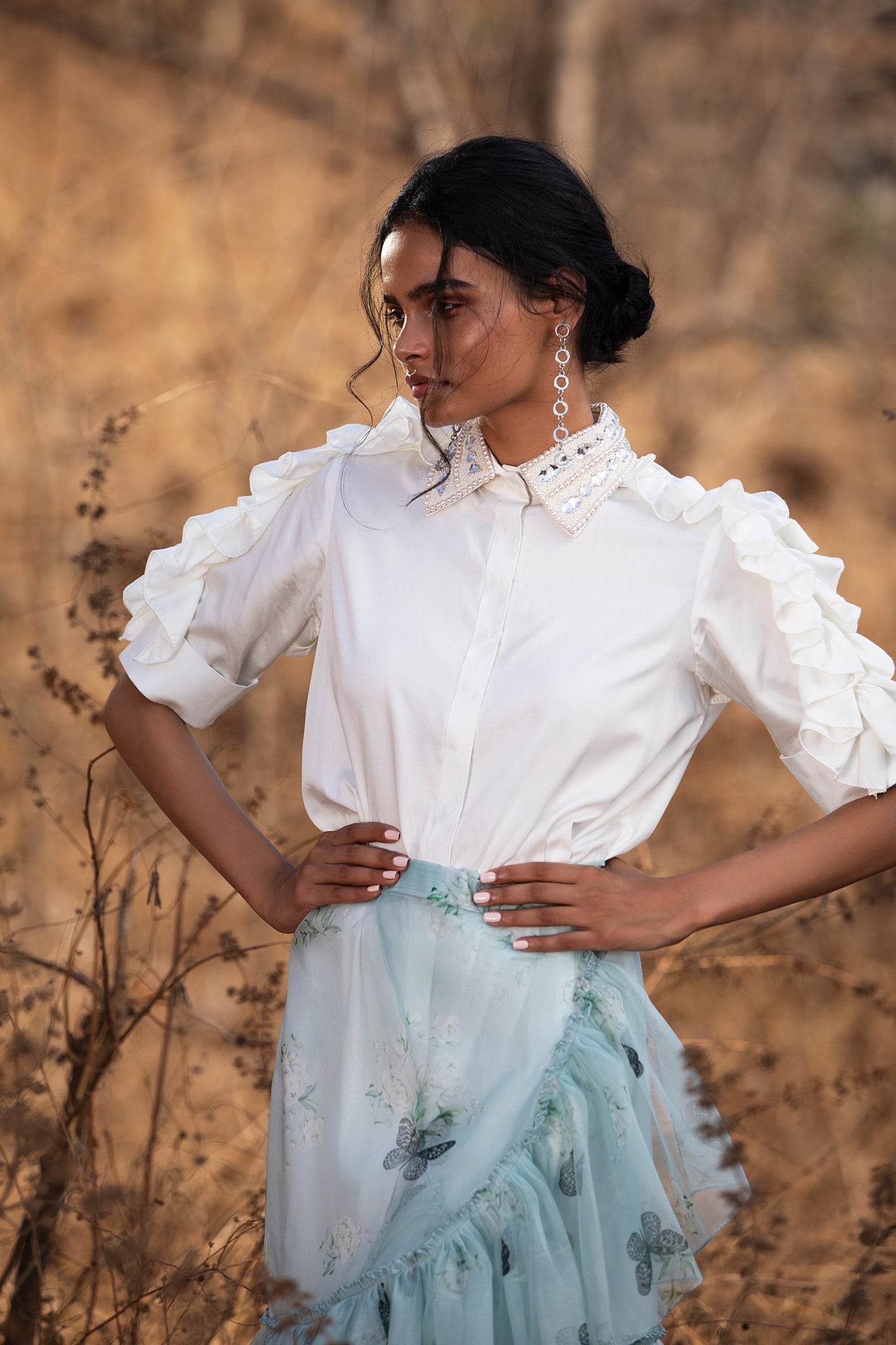 Mint butterfly sheer organza ruffle overlap skirt.