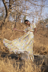 Yellow Fluttering Florals front knot shirt