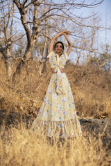 Yellow Fluttering Florals front knot shirt