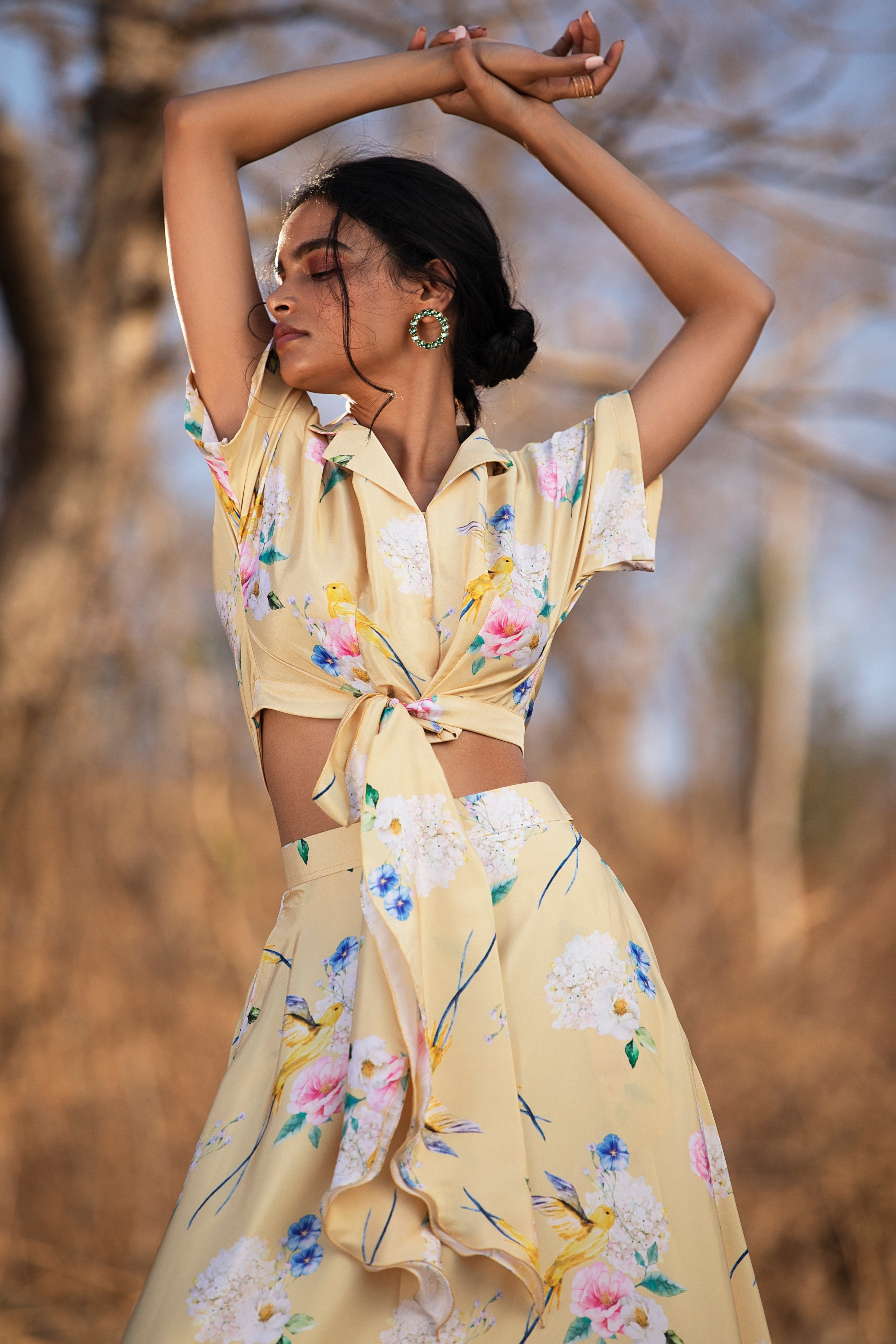 Yellow Fluttering Florals front knot shirt