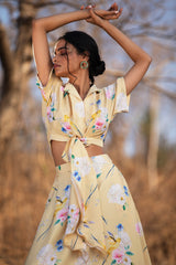Yellow Fluttering Florals front knot shirt