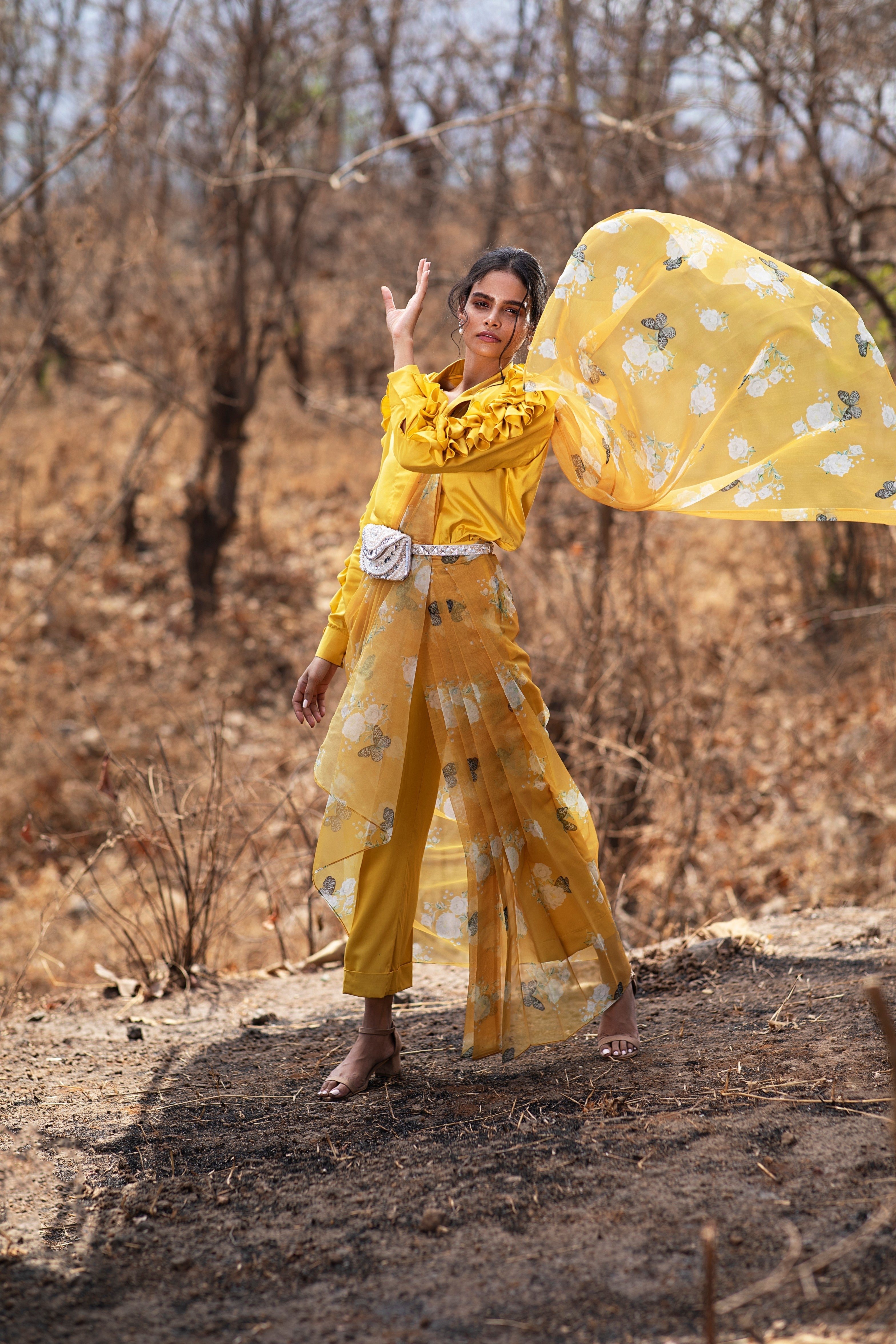 Mustard butterfly printed saree with ruffled sleeve shirt