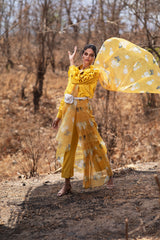 Mustard butterfly printed saree with ruffled sleeve shirt