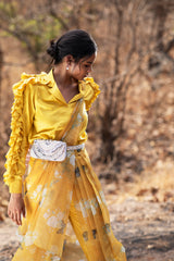 Mustard butterfly printed saree with ruffled sleeve shirt