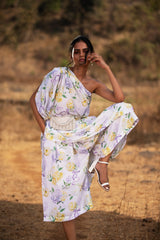 Purple Bows and Blooms draped one shoulder top