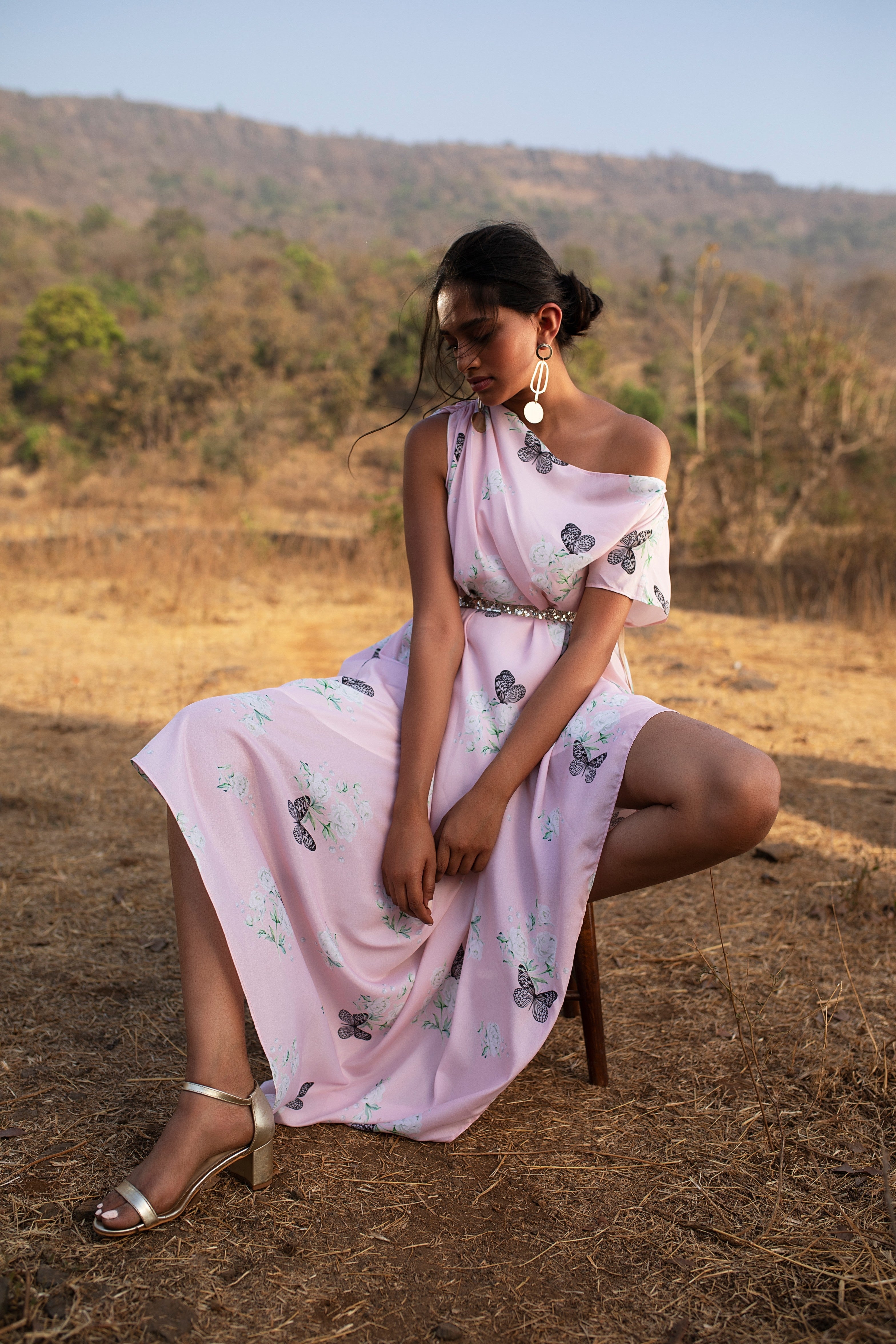 Pink Butterfly Peony Prancer draped off shoulder dress