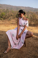 Pink Butterfly Peony Prancer draped off shoulder dress