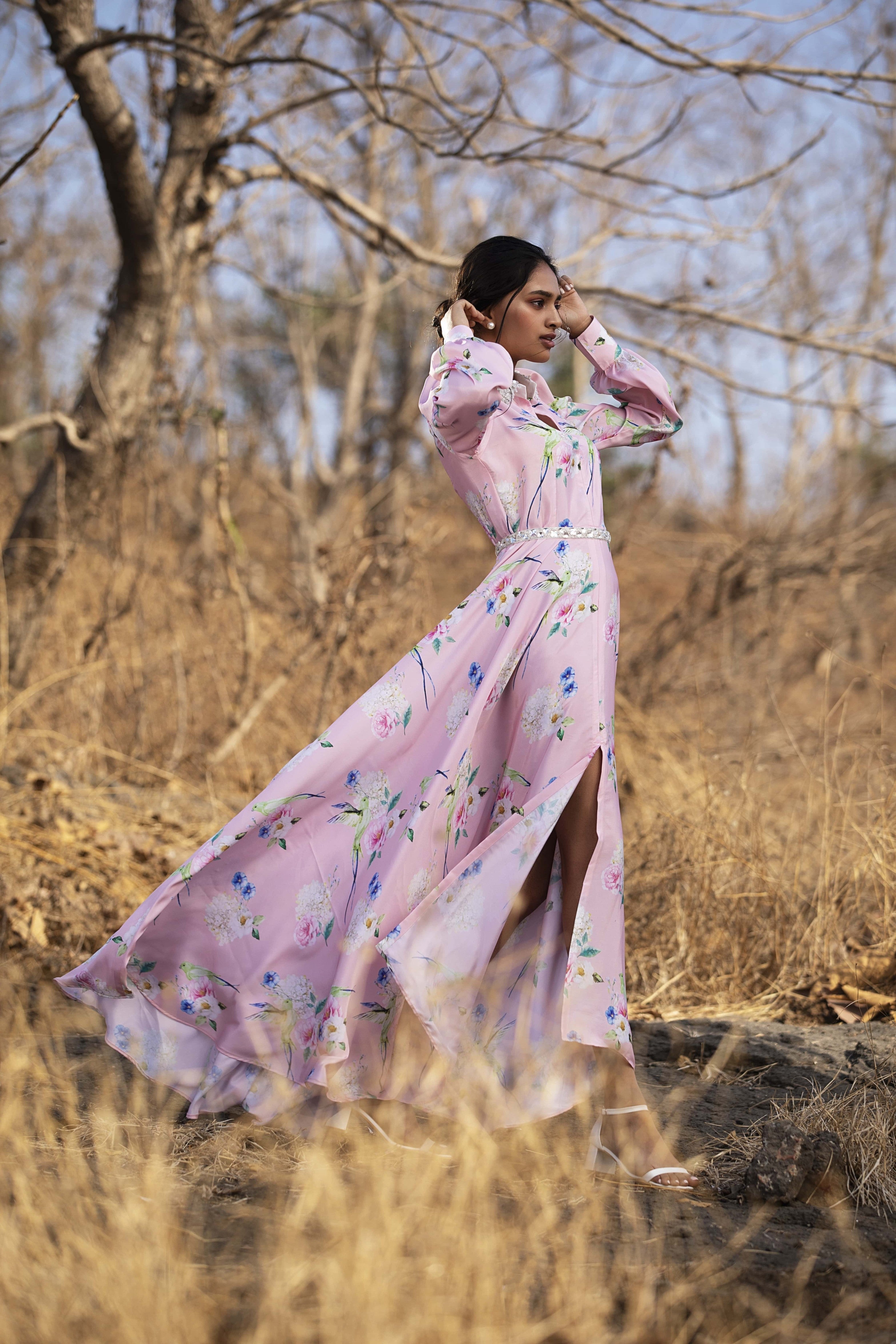 Pink Fluttering Florals shirt dress.