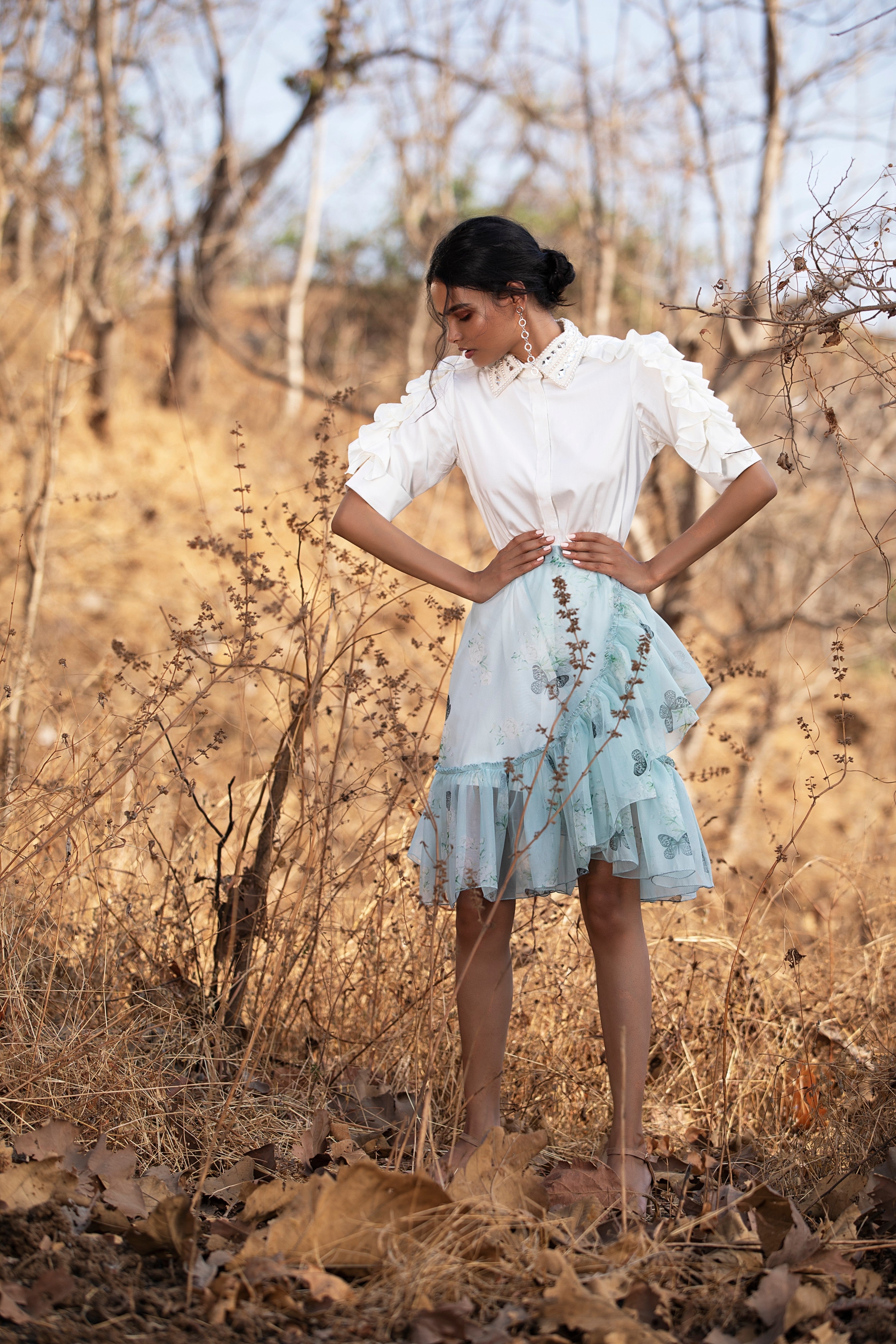 Mint butterfly sheer organza ruffle overlap skirt.