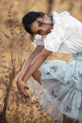 Mint butterfly sheer organza ruffle overlap skirt.