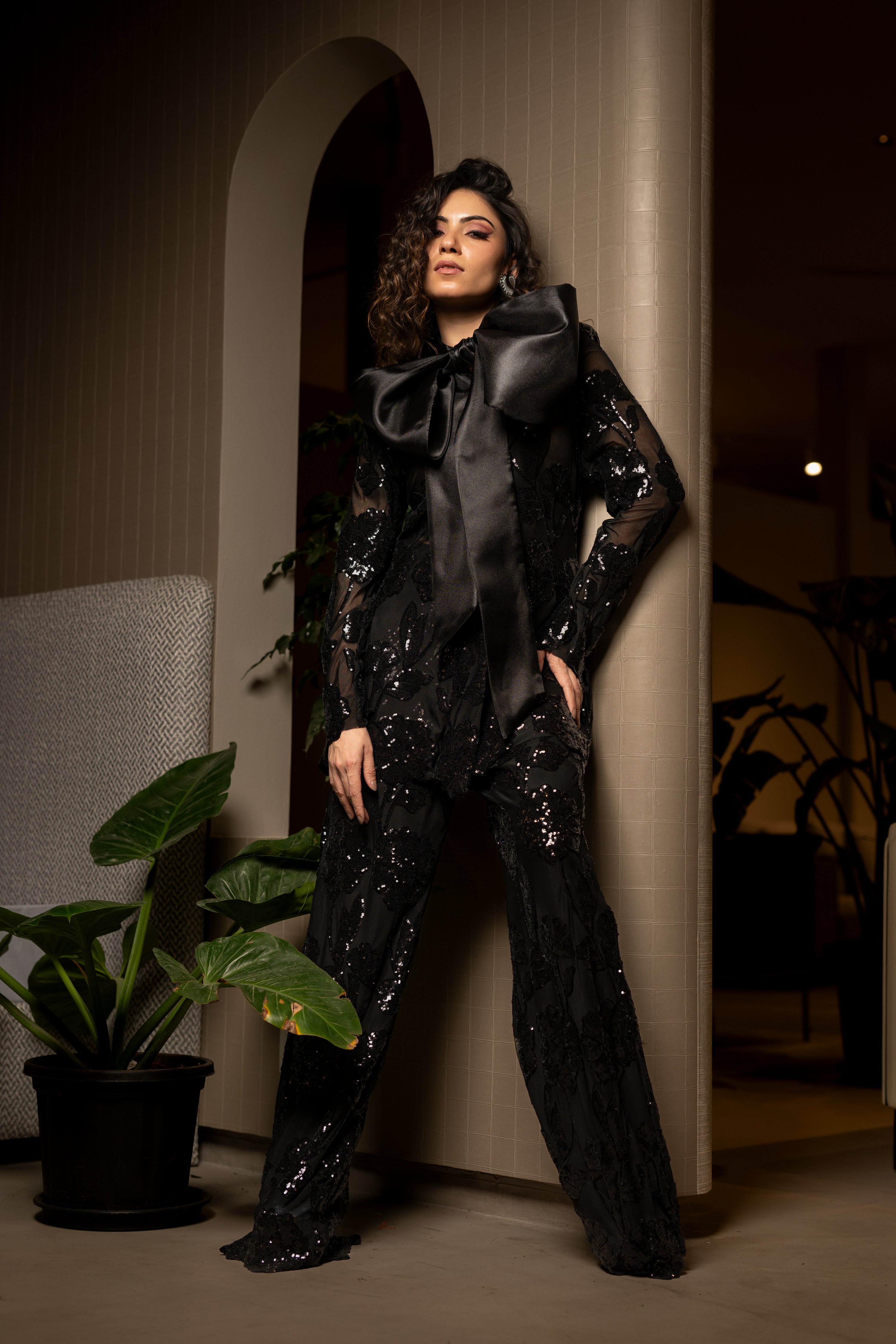 Veronica full pant set with a bow.