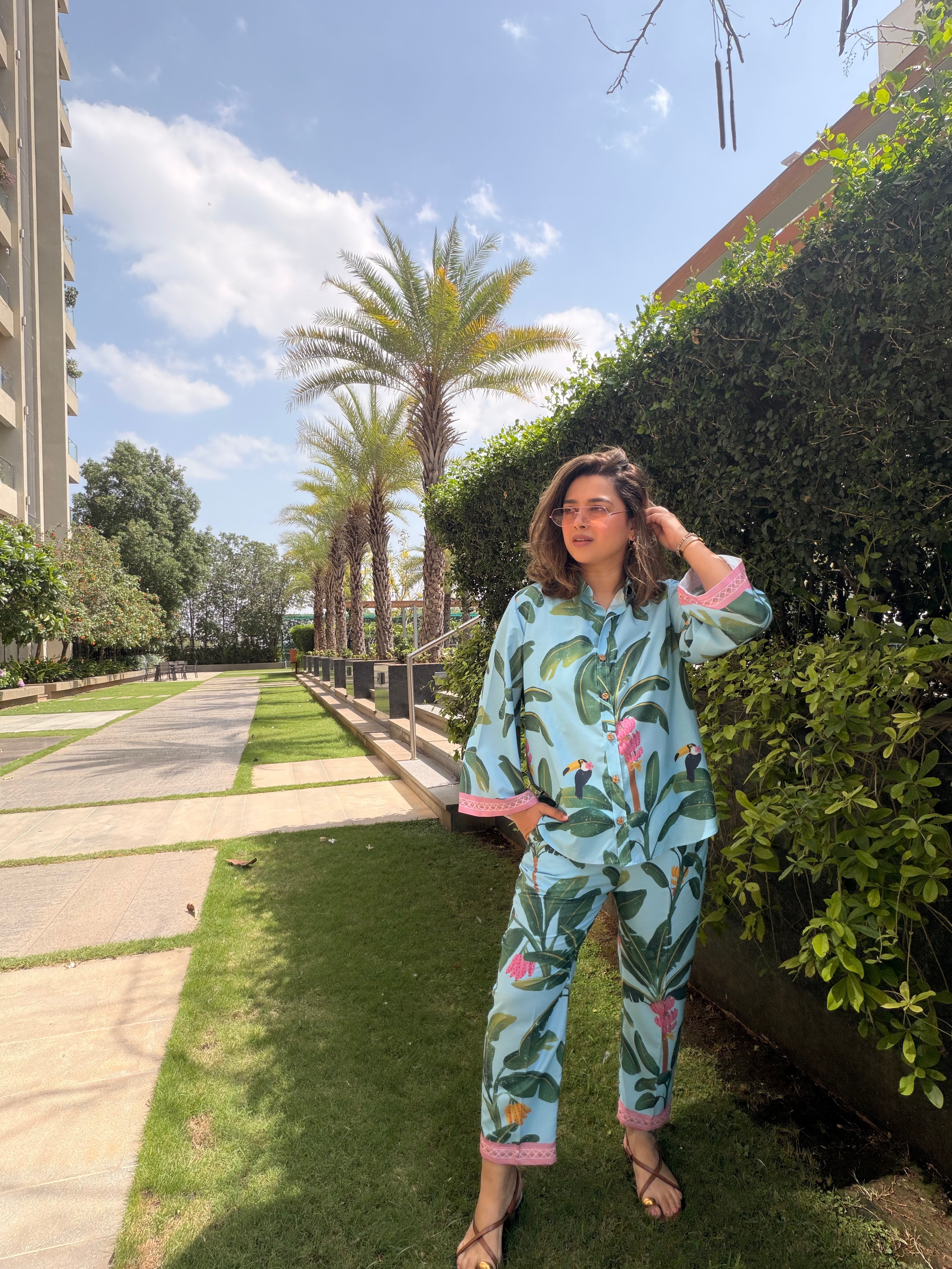Blue banana print pants