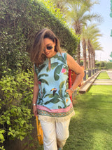 Blue banana print sleeveless kurta set