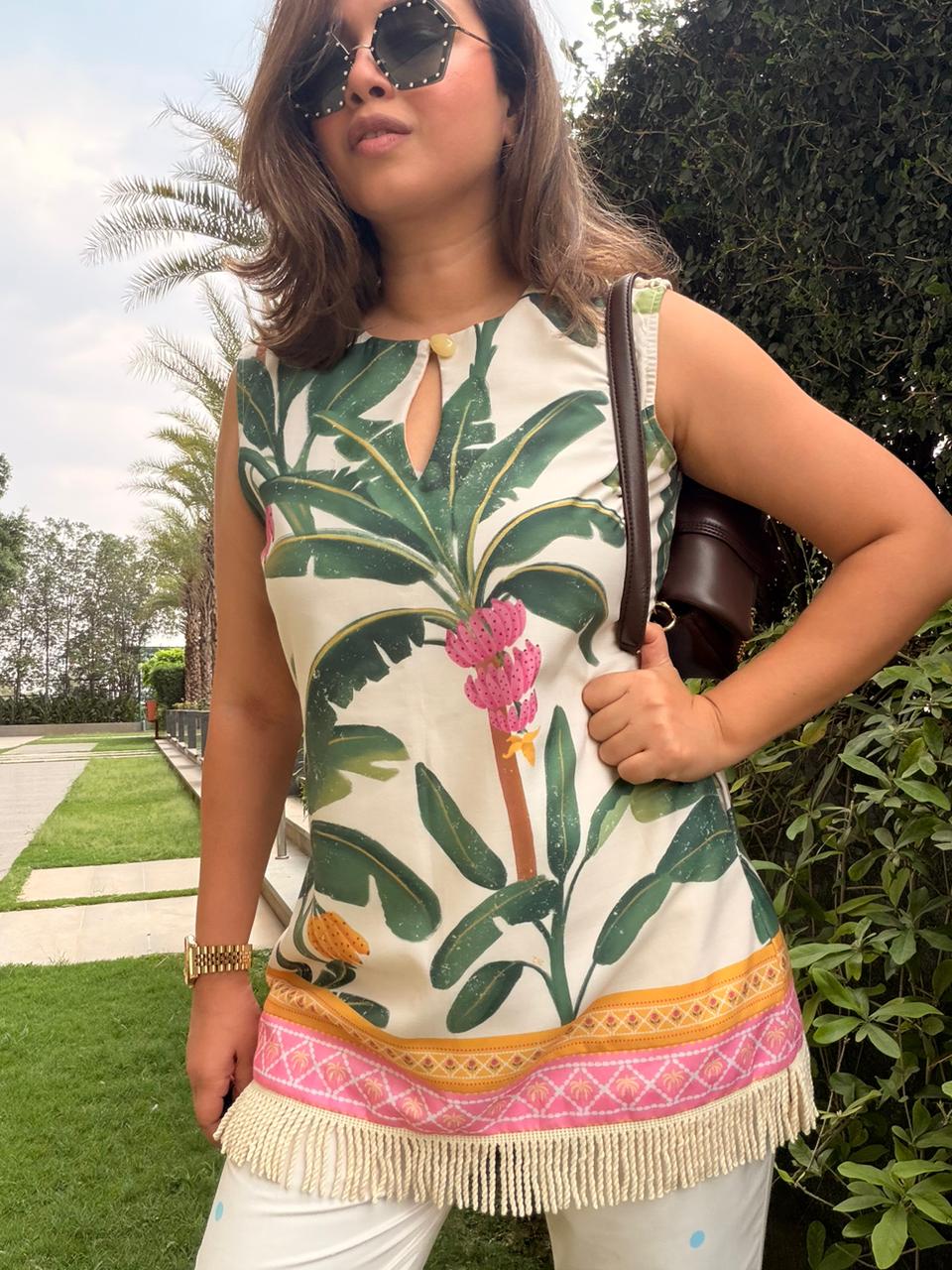 Cream banana print kurta set