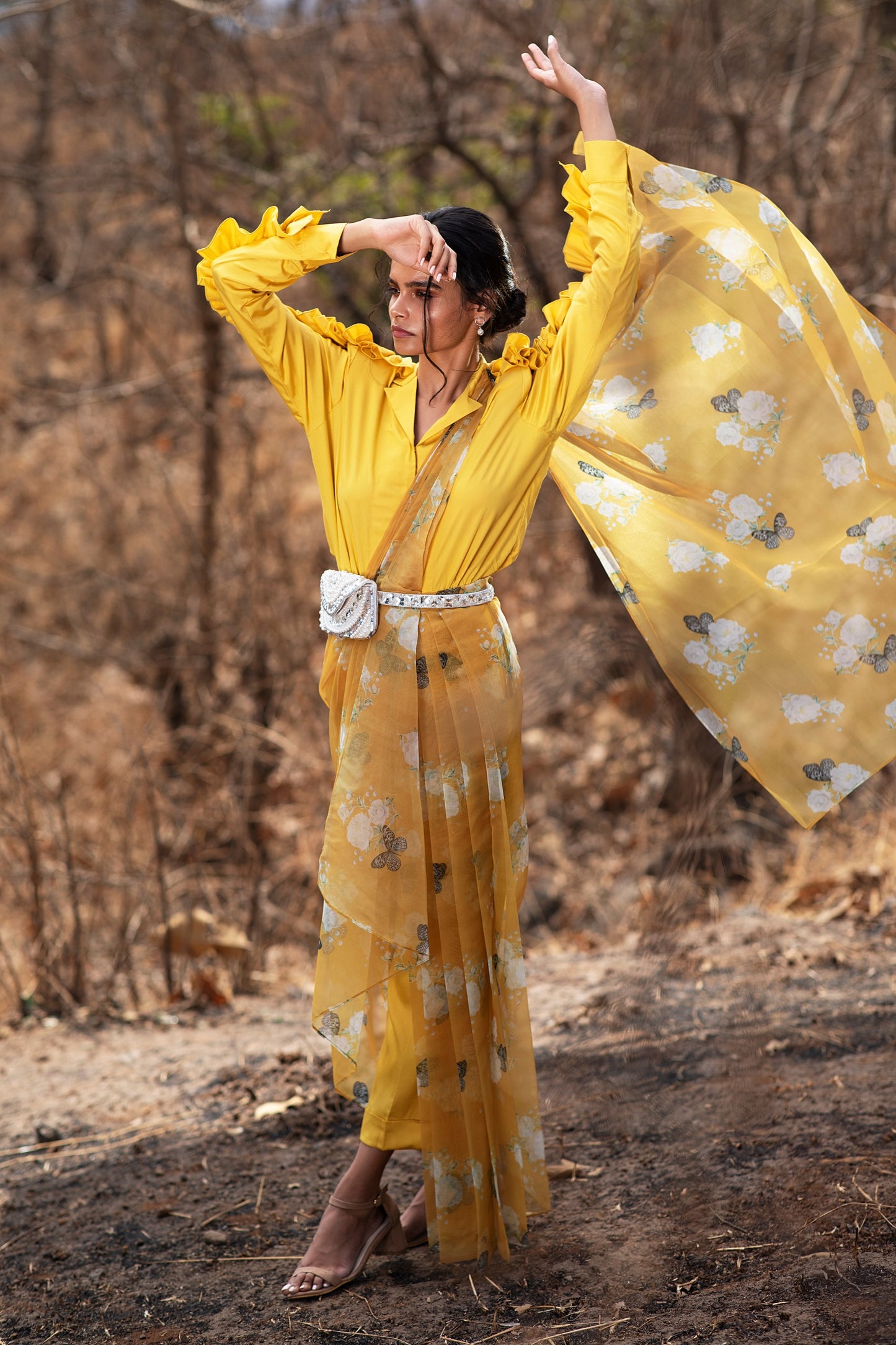 MUSTARD BUTTERFLY PRINTED SAREE WITH RUFFLED SLEEVE SHIRT