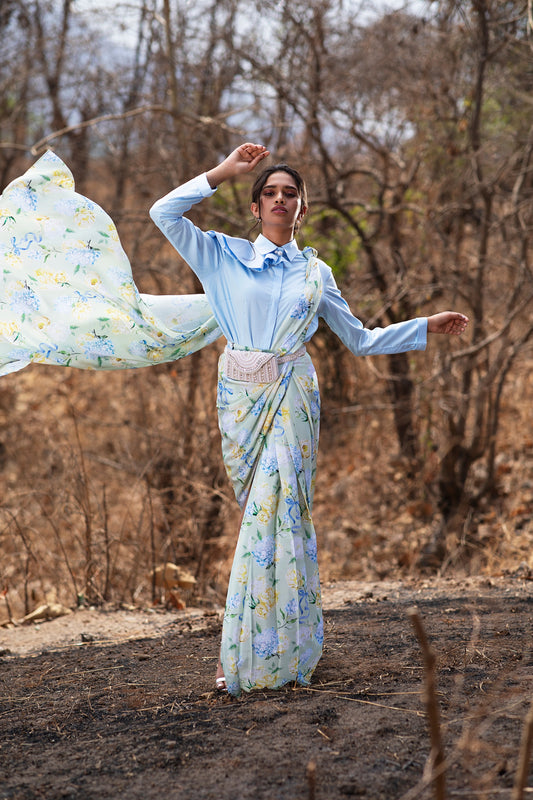 BLUE BOWS AND BLOOMS PRINTED PRE -DRAPED SAREE AND BLUE STRUCTURED SHIRT