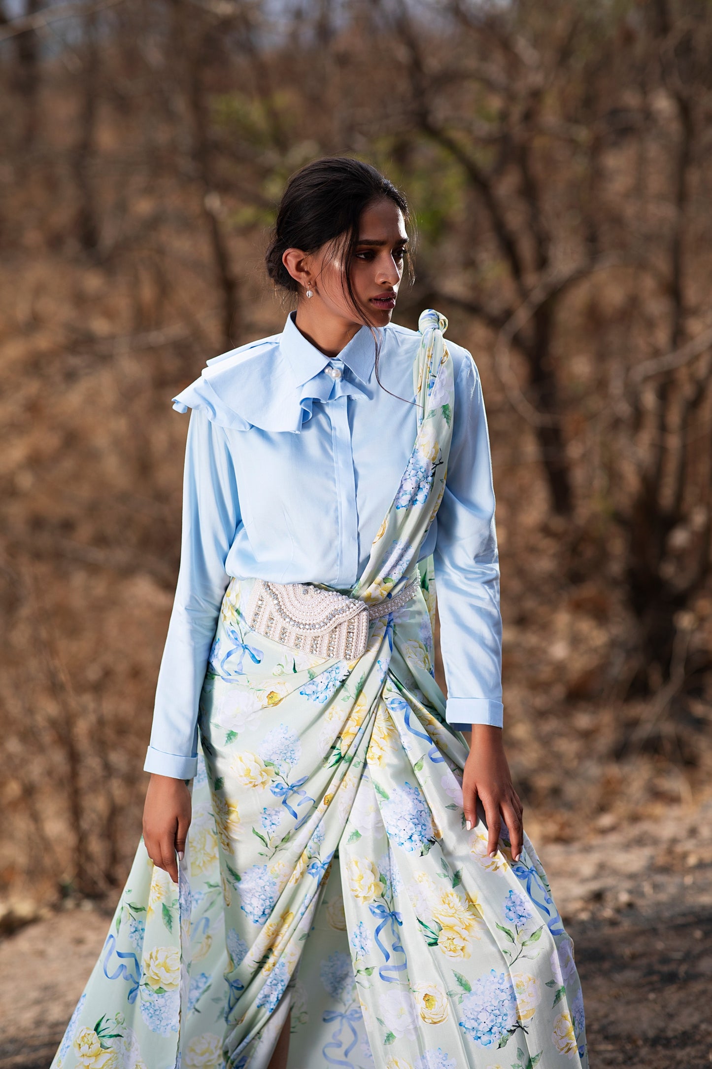 BLUE BOWS AND BLOOMS PRINTED PRE -DRAPED SAREE AND BLUE STRUCTURED SHIRT