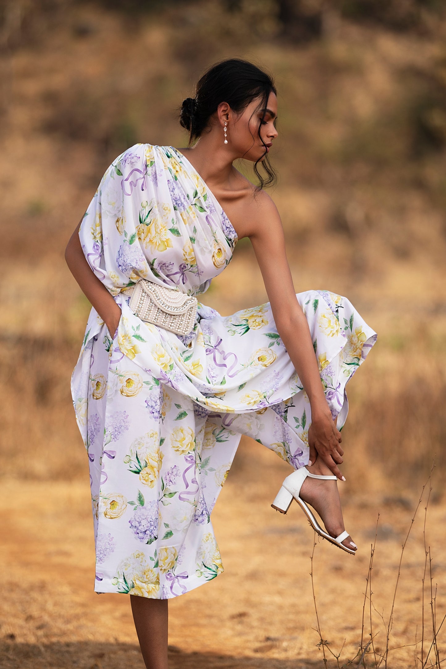 PURPLE BOWS AND BLOOMS DRAPED ONE SHOULDER TOP