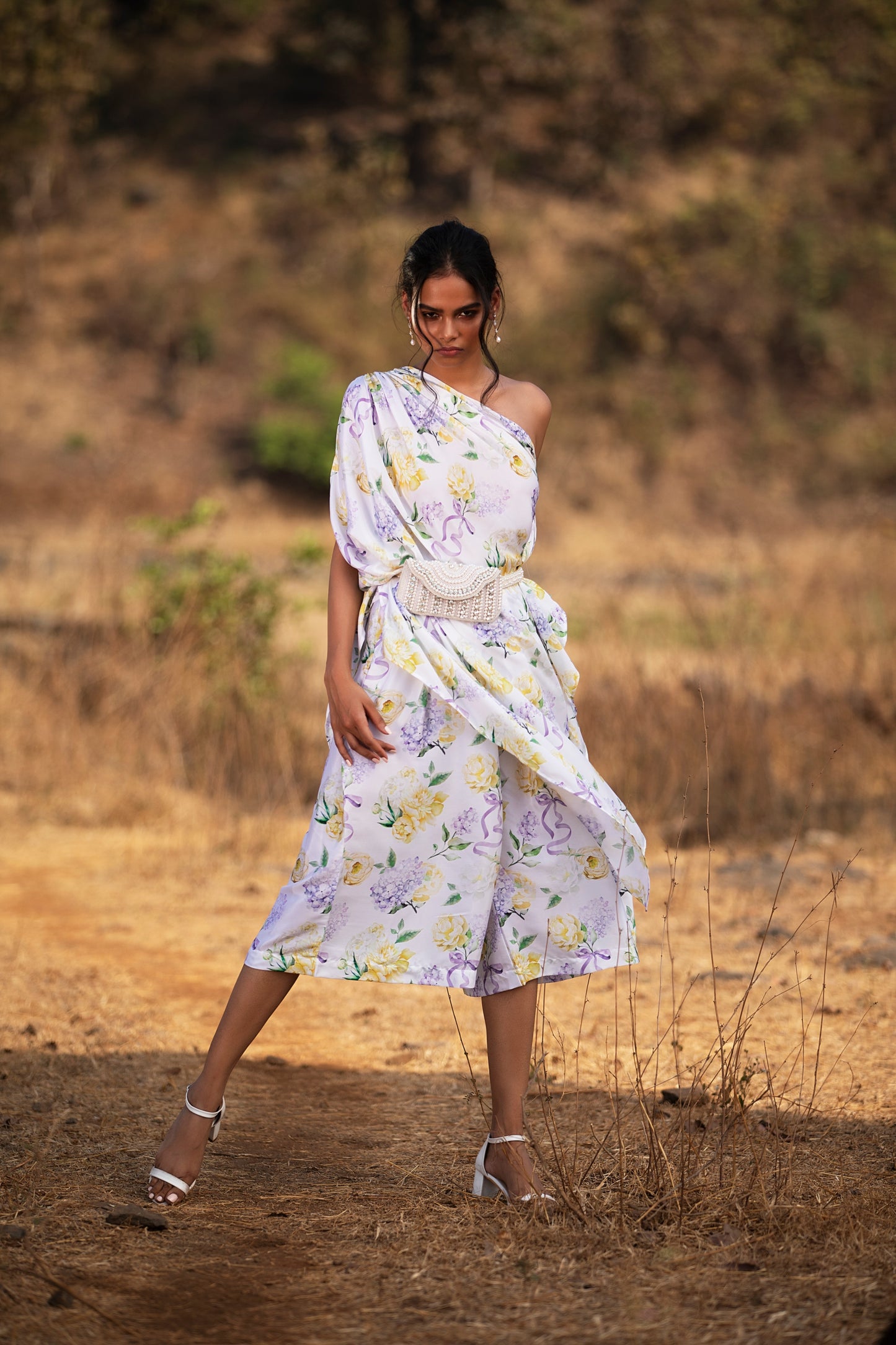 PURPLE BOWS AND BLOOMS DRAPED ONE SHOULDER TOP