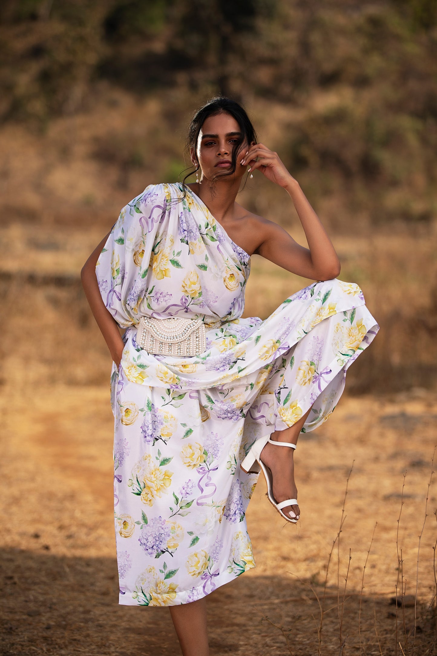 PURPLE BOWS AND BLOOMS DRAPED ONE SHOULDER TOP