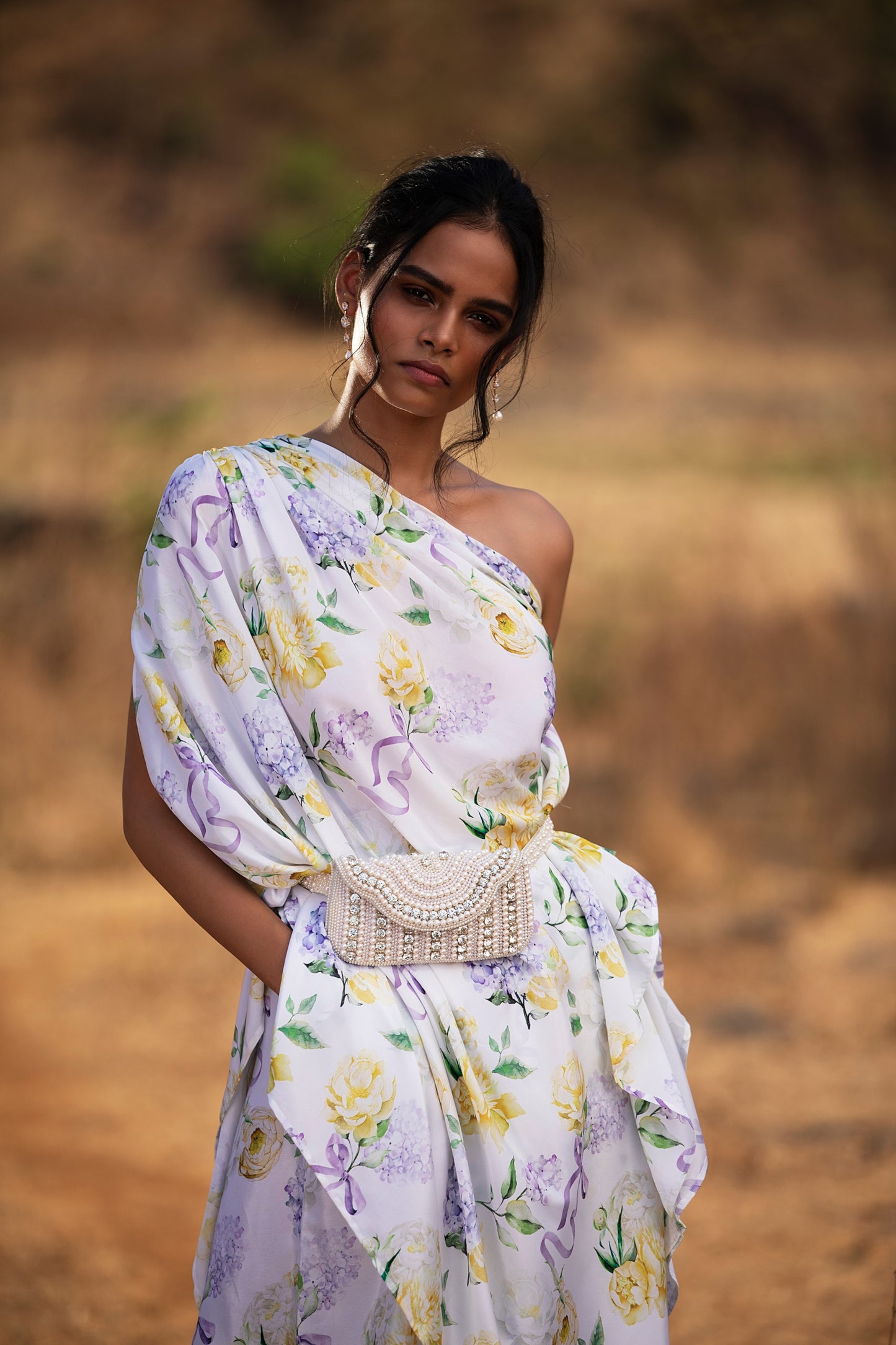 PURPLE BOWS AND BLOOMS DRAPED ONE SHOULDER TOP