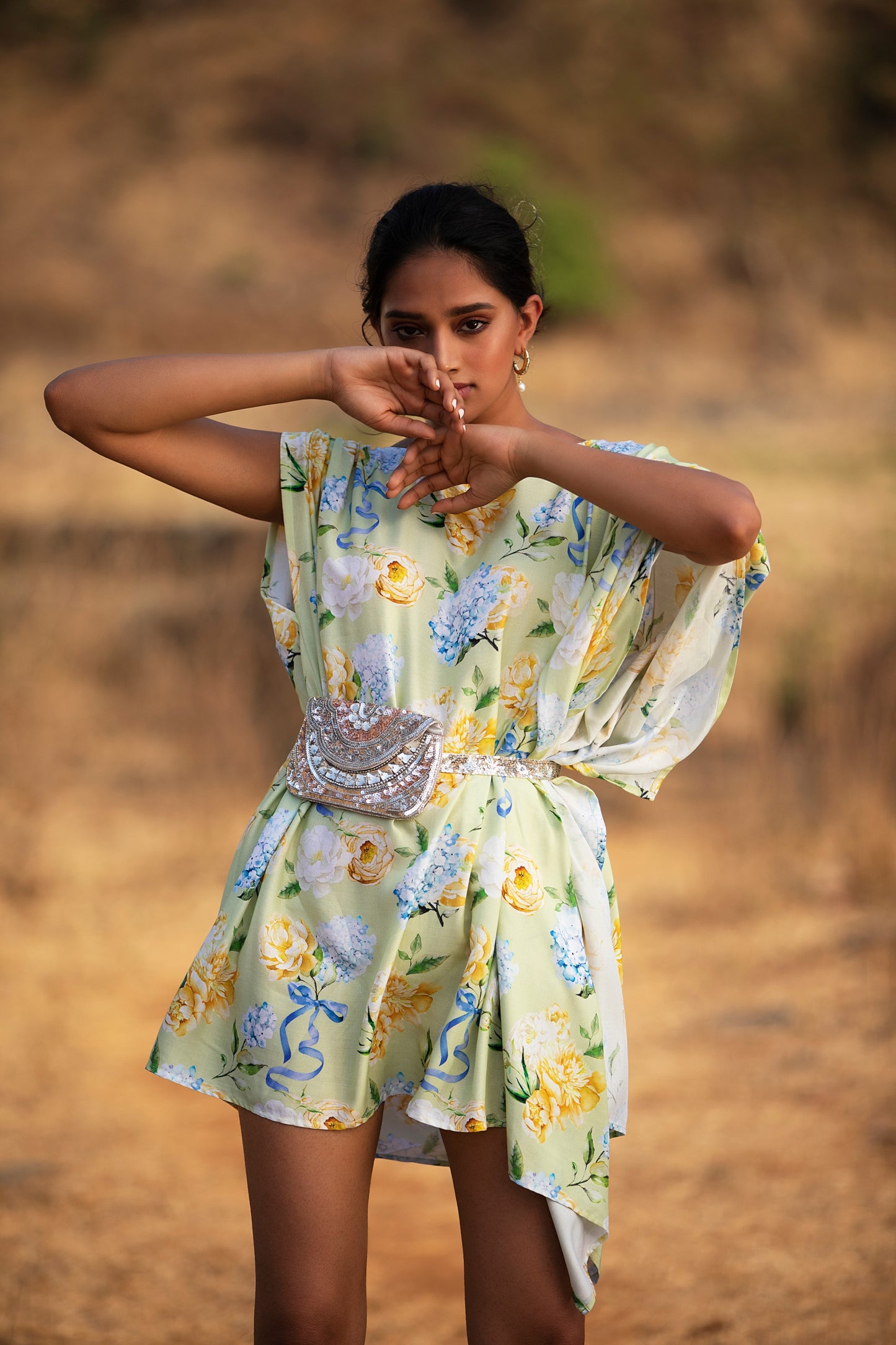 GREEN BOWS AND BLOOMS KAFTAN